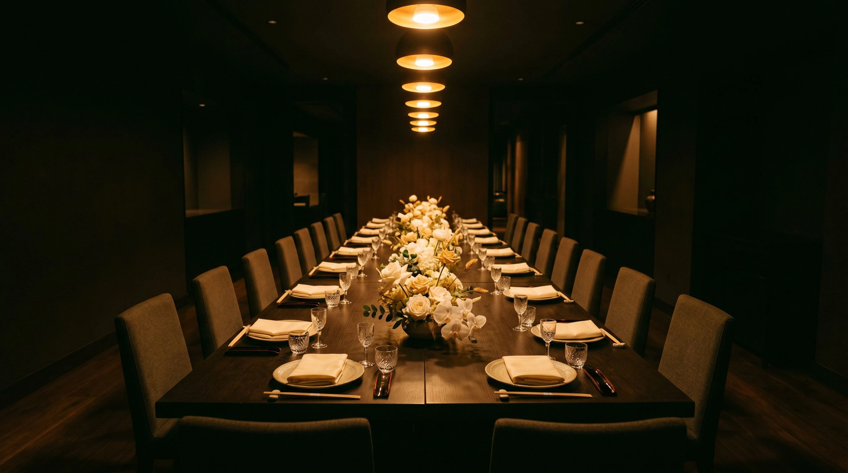A long private dining table set for approximately eighteen guests with full mise-en-place, a low floral installation running the length of the table center, warm pendant lighting overhead, no guests present