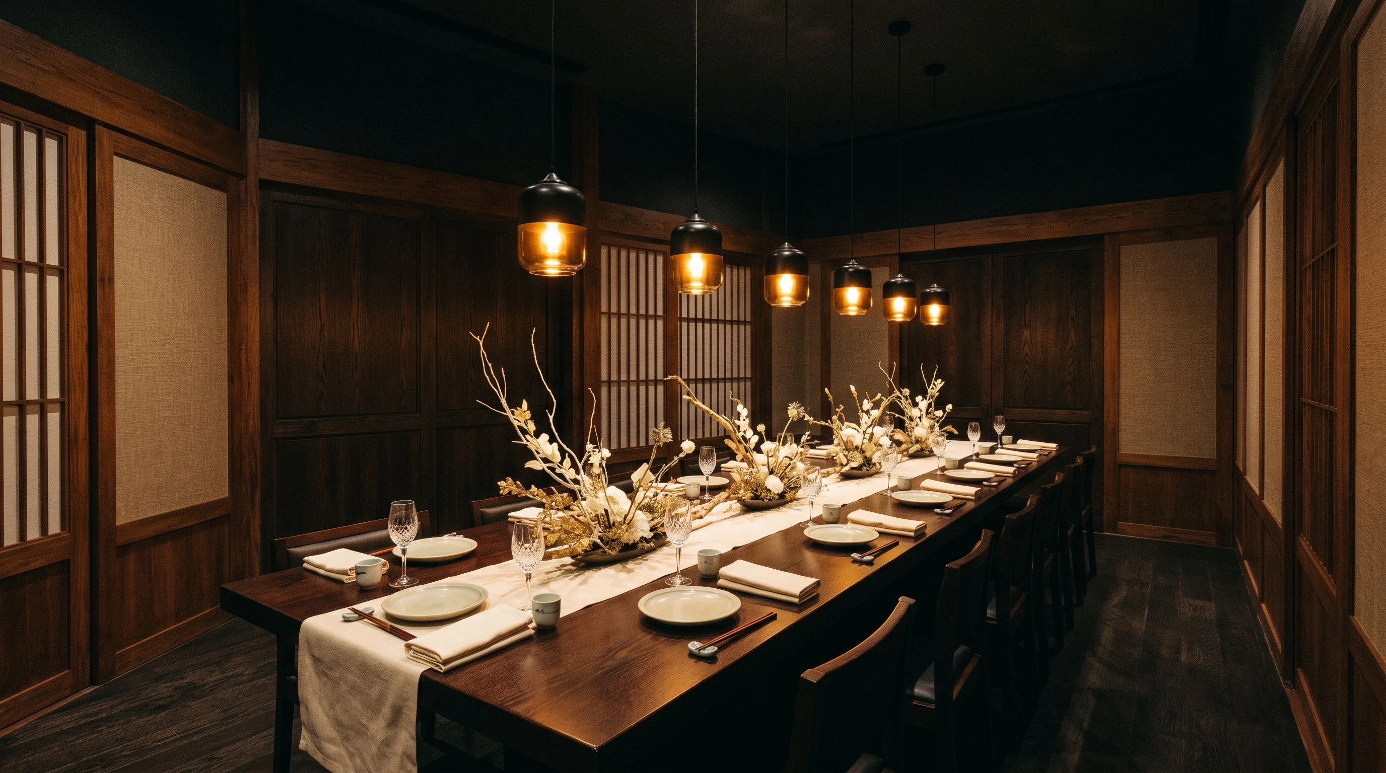 The private dining room at Sunrise on Mount Fuji, set for a closed event of 16 to 20 guests. A long table is dressed with full mise-en-place and a restrained Japanese floral installation. The room's four walls are visible; no other diners, no external sightlines, nothing beyond this table.