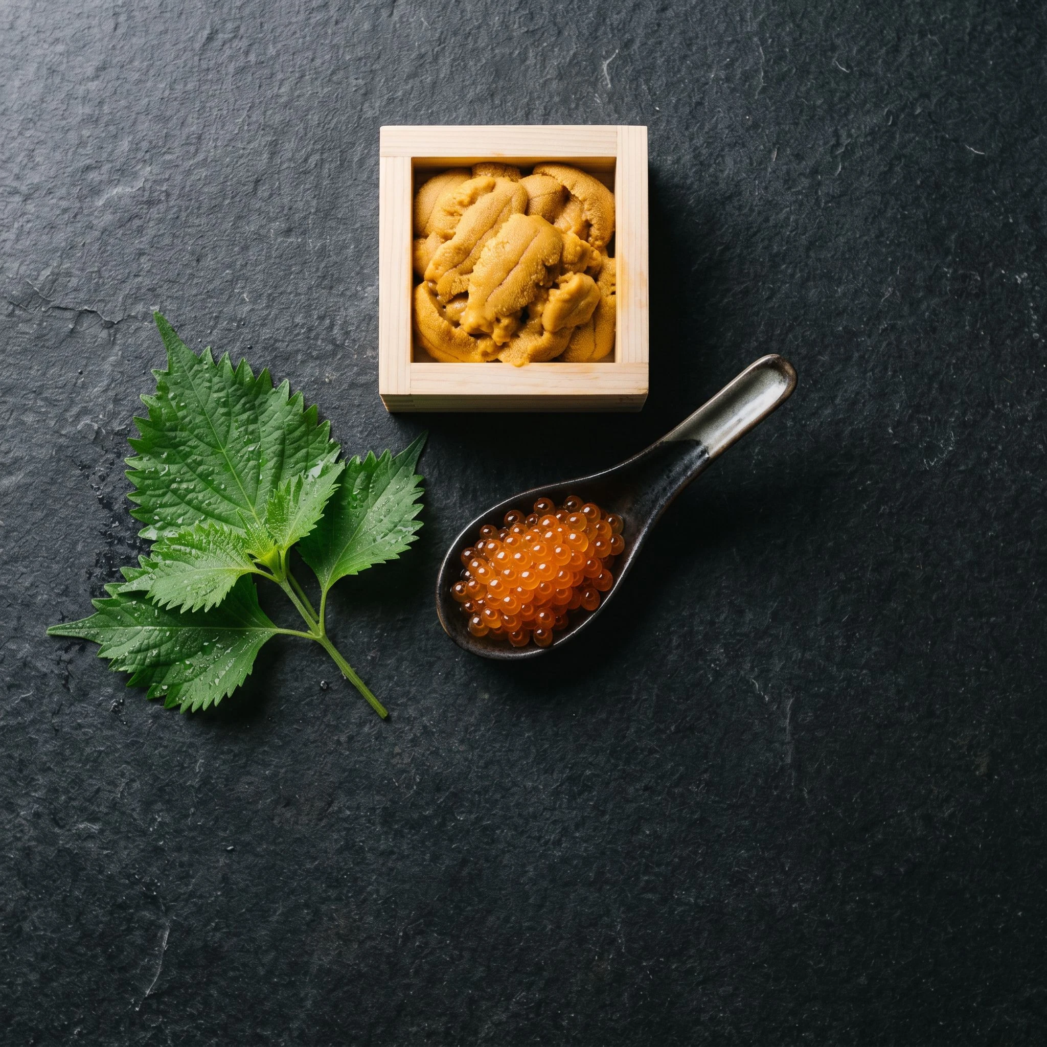 A flat-lay arrangement of seasonal Japanese ingredients on dark stone — a small dish of sea urchin, a cluster of salmon roe, and a single branch of seasonal vegetable, composed with deliberate negative space